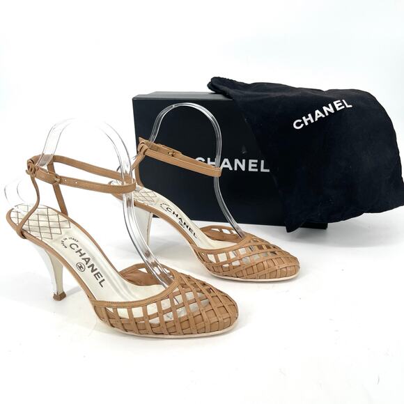 Chanel Vintage Retro Camel Tan Leather Woven Lattice Ankle Strap Heels EU 38 - Picture 1 of 14